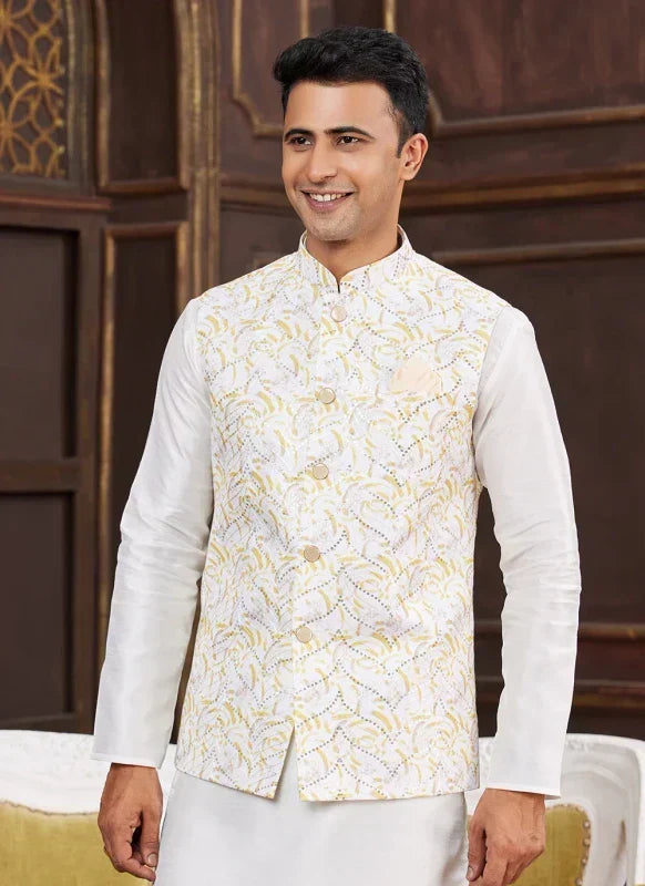 Men's Yellow Art Silk Digital Print Jacket Set