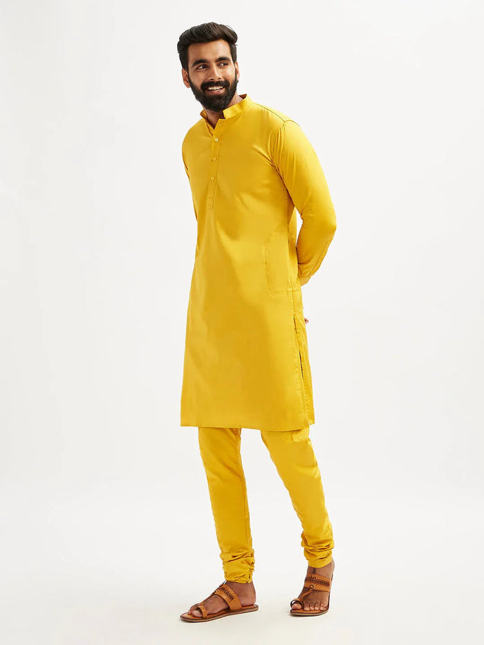 Men's Yellow Cotton Blend Kurta Pyjama Set