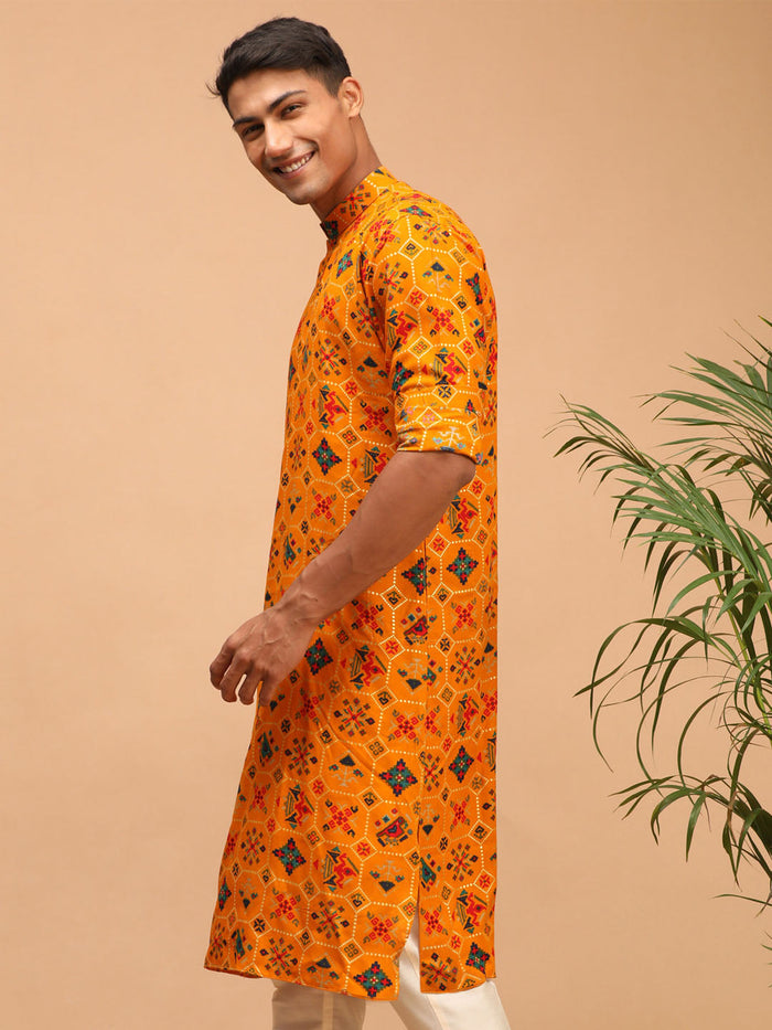 Men's Yellow Cotton Blend Patola Kurta