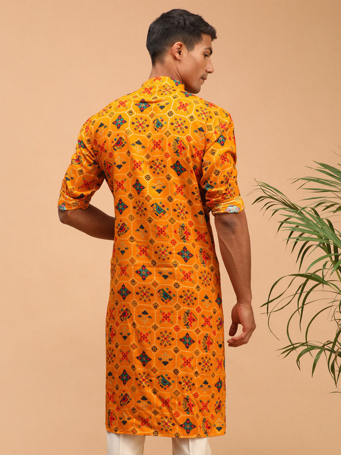 Men's Yellow Cotton Blend Patola Kurta