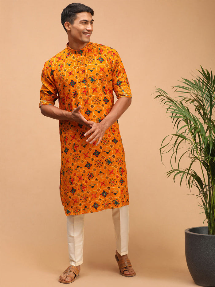 Men's Yellow Cotton Blend Patola Kurta