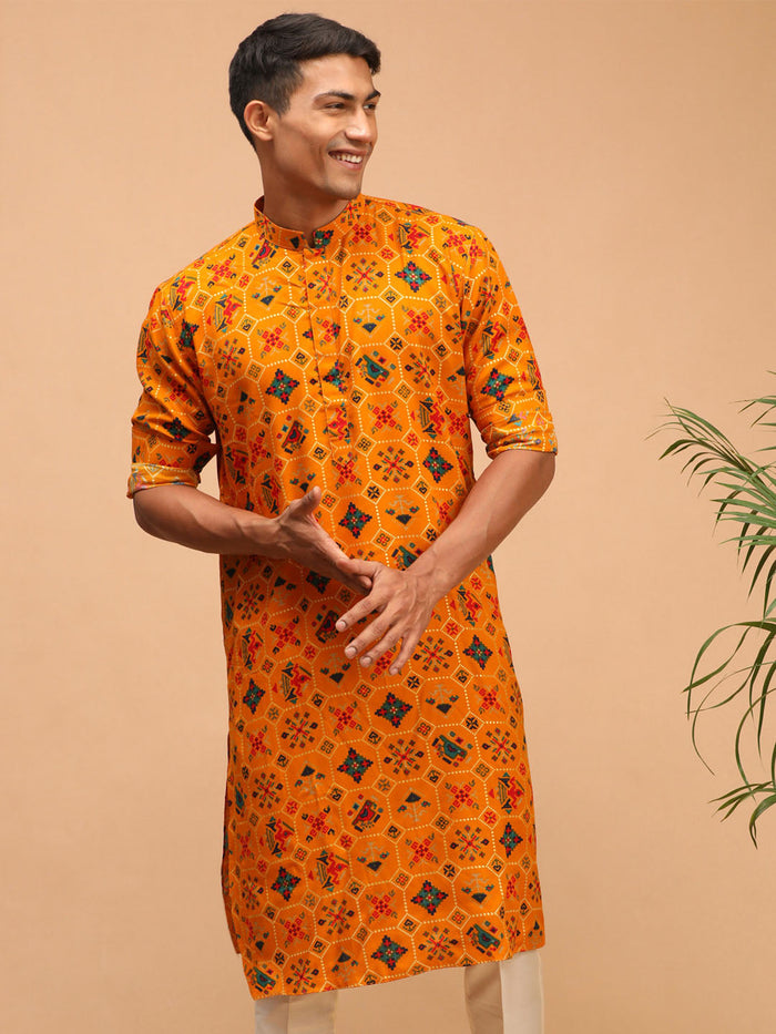 Men's Yellow Cotton Blend Patola Kurta