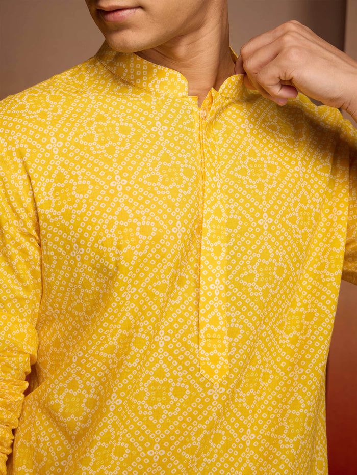 Men's Yellow Cotton Cambric Bandhni Kurta