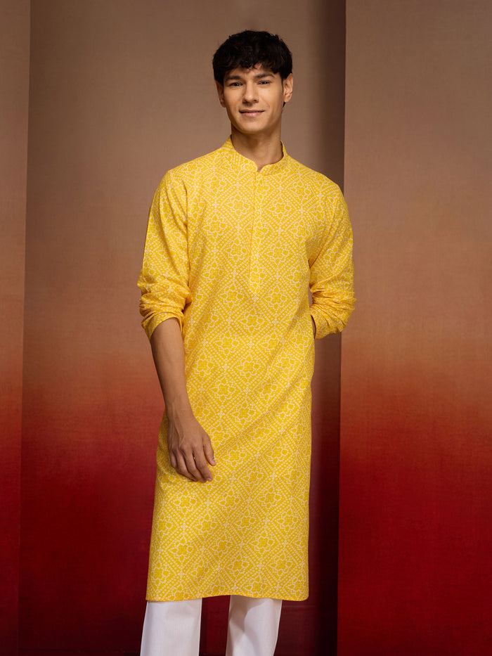 Men's Yellow Cotton Cambric Bandhni Kurta