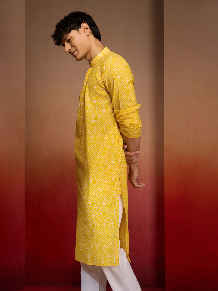 Men's Yellow Cotton Cambric Bandhni Kurta