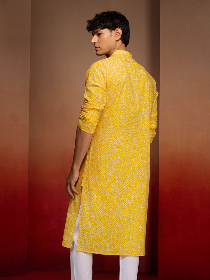 Men's Yellow Cotton Cambric Bandhni Kurta