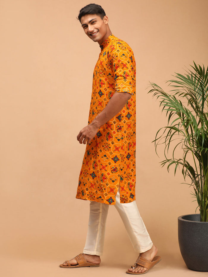Men's Yellow & Cream Cotton Blend Patola Kurta & Pyjama Set