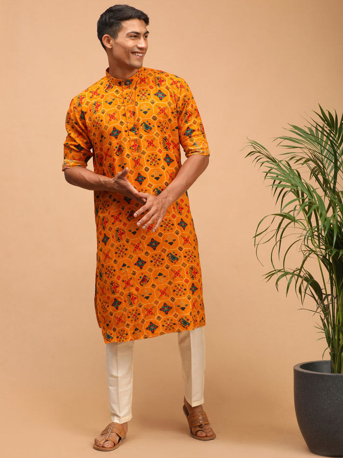 Men's Yellow & Cream Cotton Blend Patola Kurta & Pyjama Set