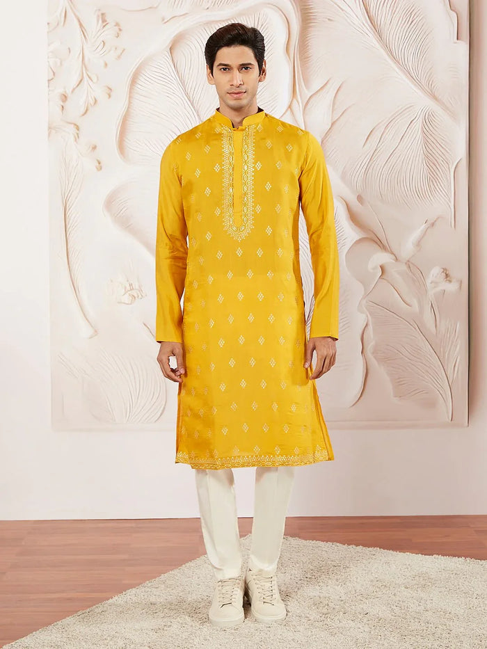 Men's Yellow Embroidered Fendi Silk Kurta Pyjama Set