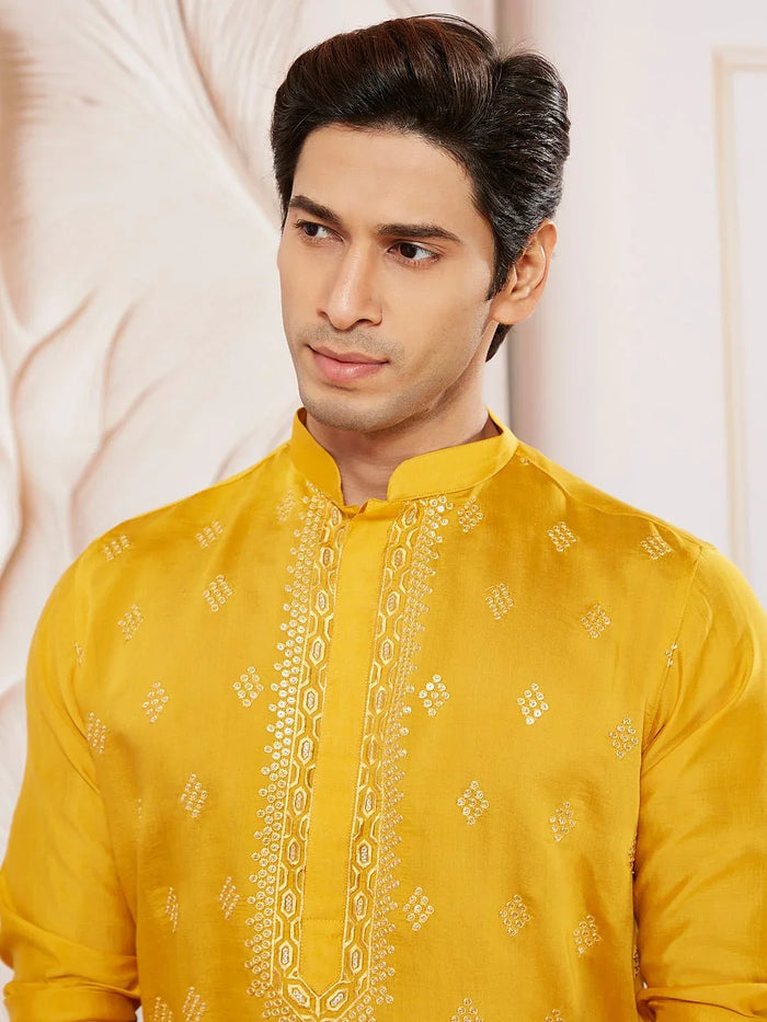Men's Yellow Embroidered Fendi Silk Kurta Pyjama Set