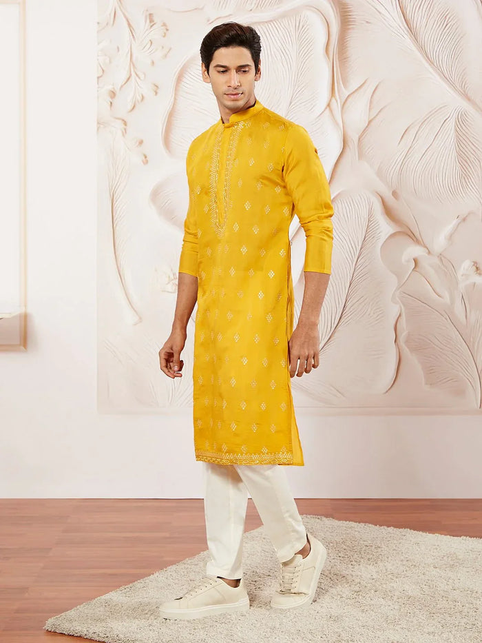 Men's Yellow Embroidered Fendi Silk Kurta Pyjama Set