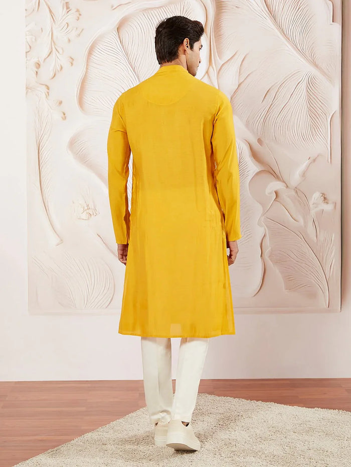 Men's Yellow Embroidered Fendi Silk Kurta Pyjama Set