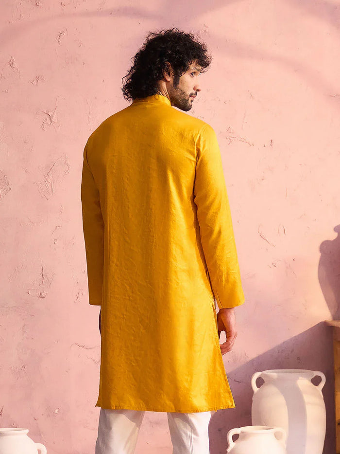 Men's Yellow Embroidered Silk Kurta