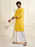 Men's Yellow Rayon Cotton Kurta And Mundu Set