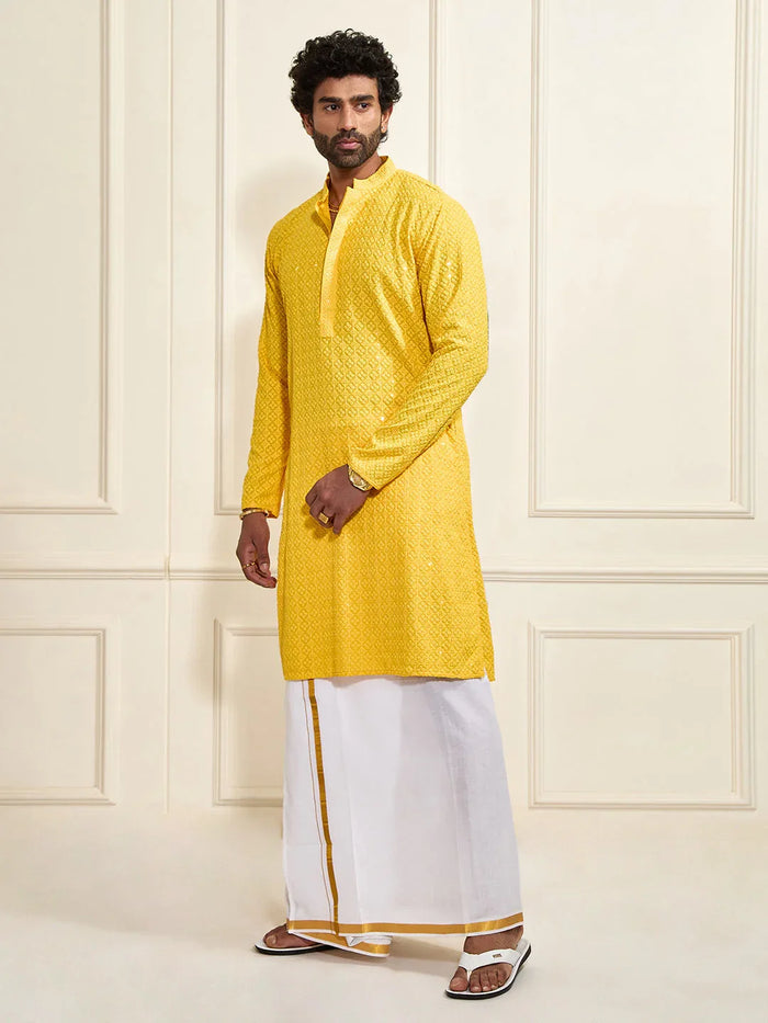Men's Yellow Rayon Cotton Kurta And Mundu Set