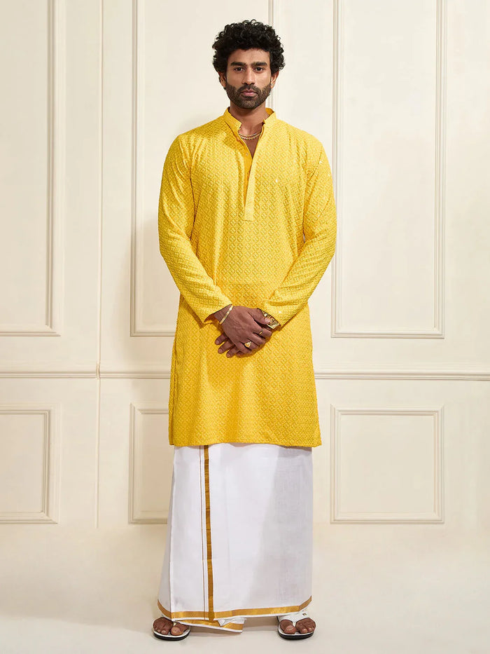 Men's Yellow Rayon Cotton Kurta