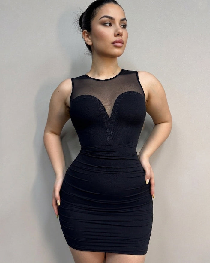 Mesh Hotfix rhinestone Sleeveless Pleat Bodycon Mini Dress  - By Qivii