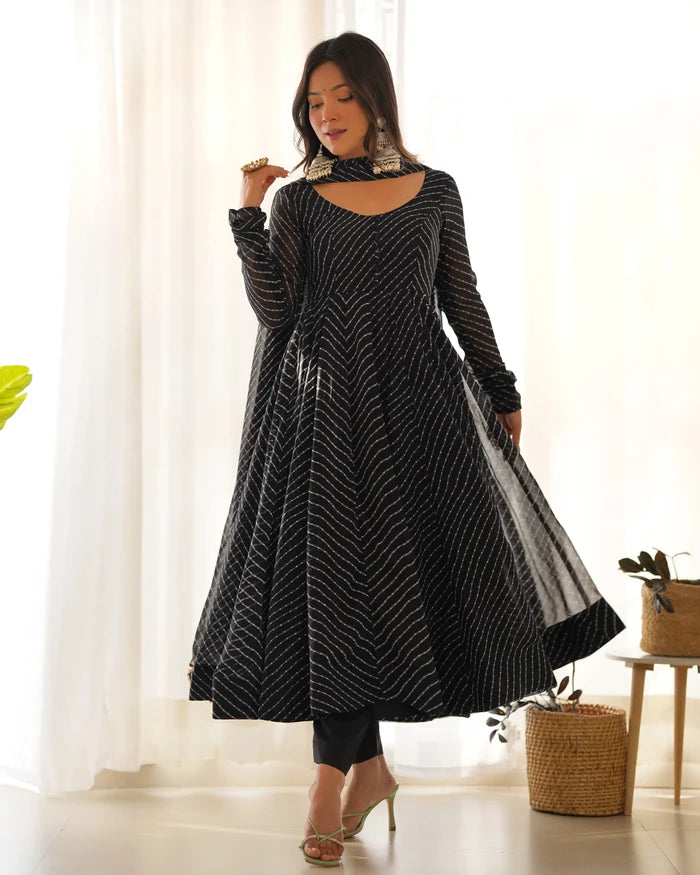 Met Black Laheriya Print Georgette Anarkali Gown With Dupatta