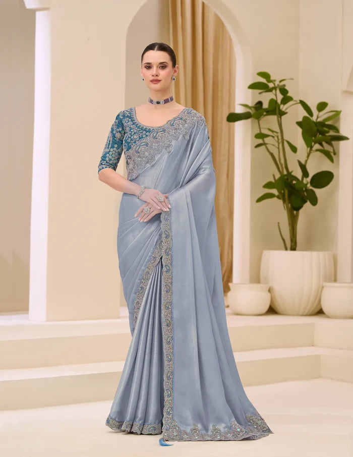 Metalic Silver Georgette Party wear Saree