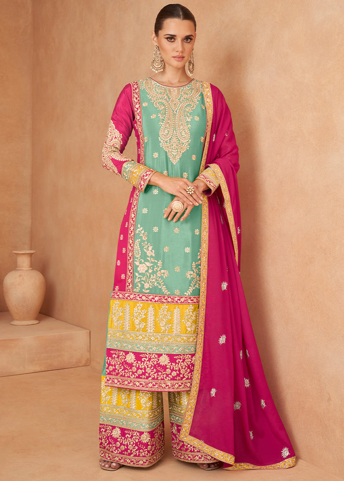 Middle Blue Fully Embroidered Chinon Plazzo Suit - qivii