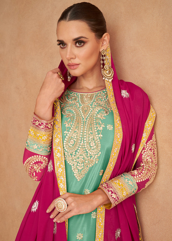 Middle Blue Fully Embroidered Chinon Plazzo Suit - qivii