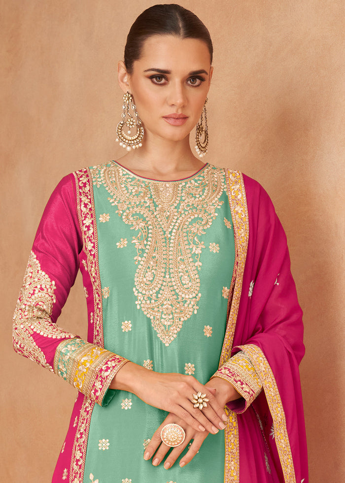 Middle Blue Fully Embroidered Chinon Plazzo Suit - qivii