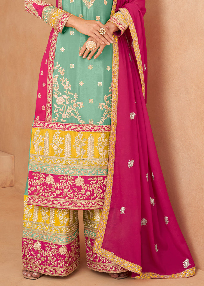 Middle Blue Fully Embroidered Chinon Plazzo Suit - qivii