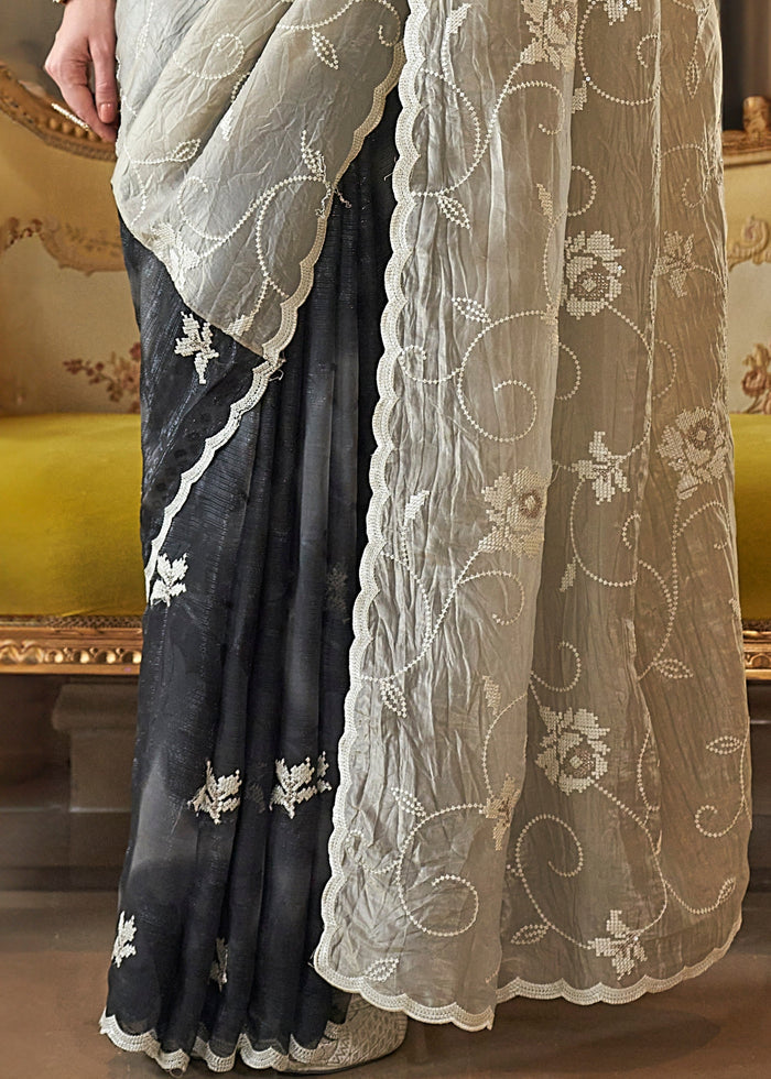 Midnight Black And Beige Fancy Tissue Saree With Unique Work And Designer Blouse - qivii