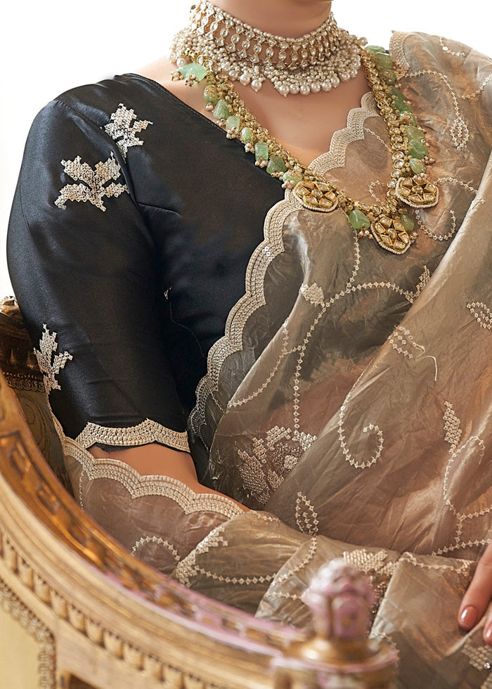 Midnight Black And Beige Fancy Tissue Saree With Unique Work And Designer Blouse - qivii