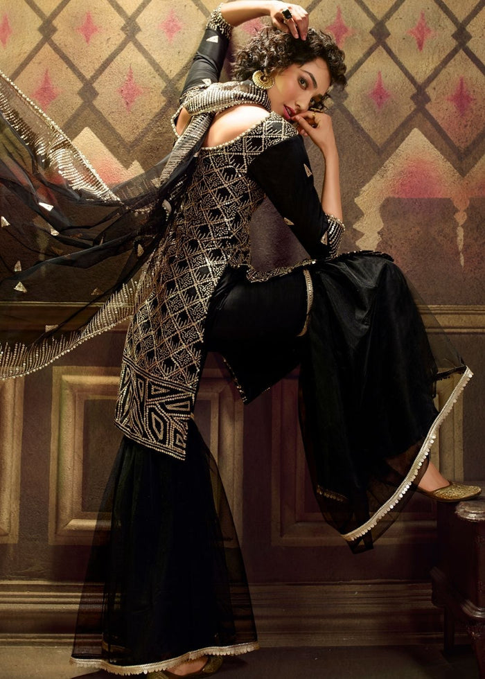Midnight Black Designer Soft Net Sharara Suit with overall Sequins work - qivii