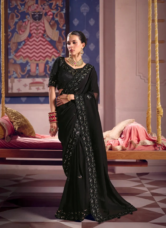 Midnight Black Silk Heavy Embroidered Saree