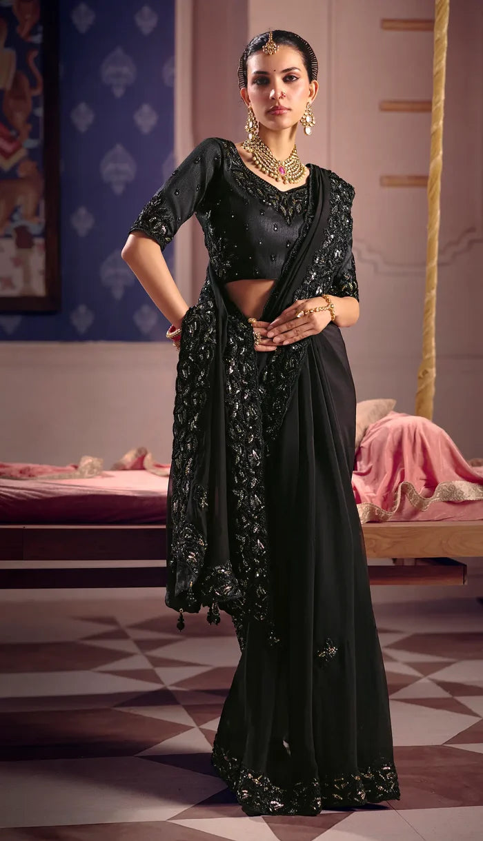 Midnight Black Silk Heavy Embroidered Saree