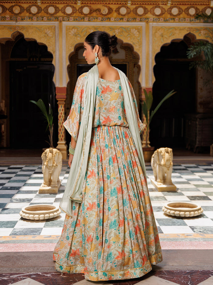 Mint Floral Printed Pure Chinon Lehenga