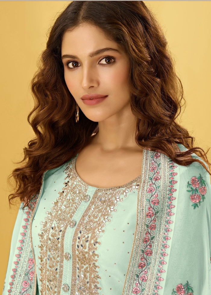 Misty Teal Green Georgette Salwar Suit with Thread, Zari & Cording Embroidery work - qivii