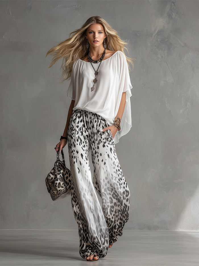 Modern And Stylish White Leopard Print Chiffon Pants  - By Qivii
