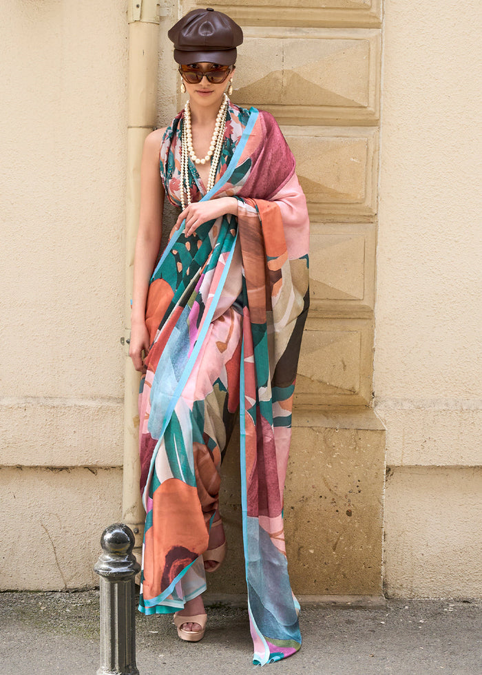 Multicolored Printed Satin Georgette Saree - qivii