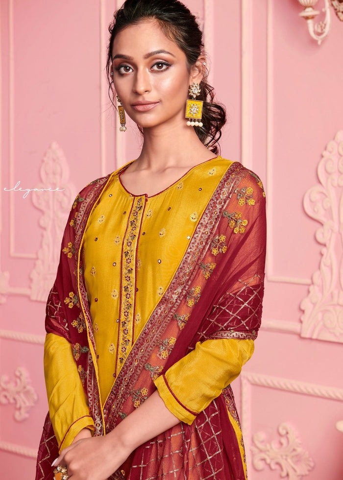 Mustard Yellow Georgette Salwar Suit with Thread & Zari Embroidery work - qivii