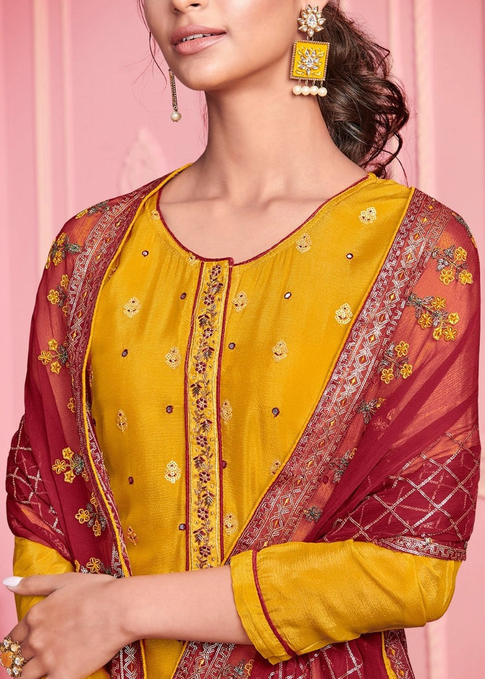 Mustard Yellow Georgette Salwar Suit with Thread & Zari Embroidery work - qivii