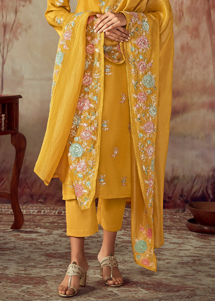 Mustard Yellow Silk Salwar Suit With Floral Embroidery Work - qivii