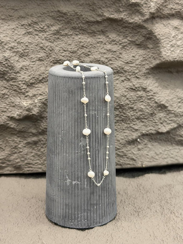 N1353 Freshwater Pearl Spaced Silver Chain Necklace