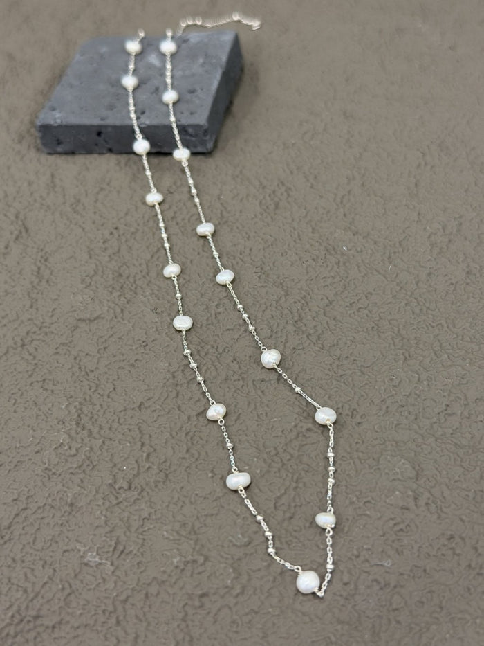 N1353 Freshwater Pearl Spaced Silver Chain Necklace