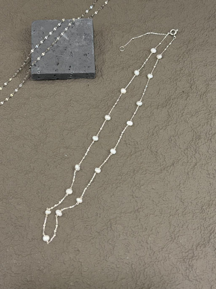 N1353 Freshwater Pearl Spaced Silver Chain Necklace