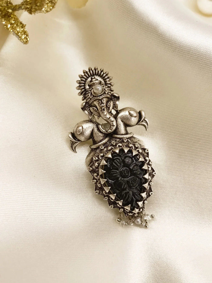 Naincy Ganesha Earrings With Black Carved Stone