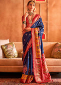 Navy Blue Patola Silk Saree with Sambhal Puri Print : Top Pick - qivii