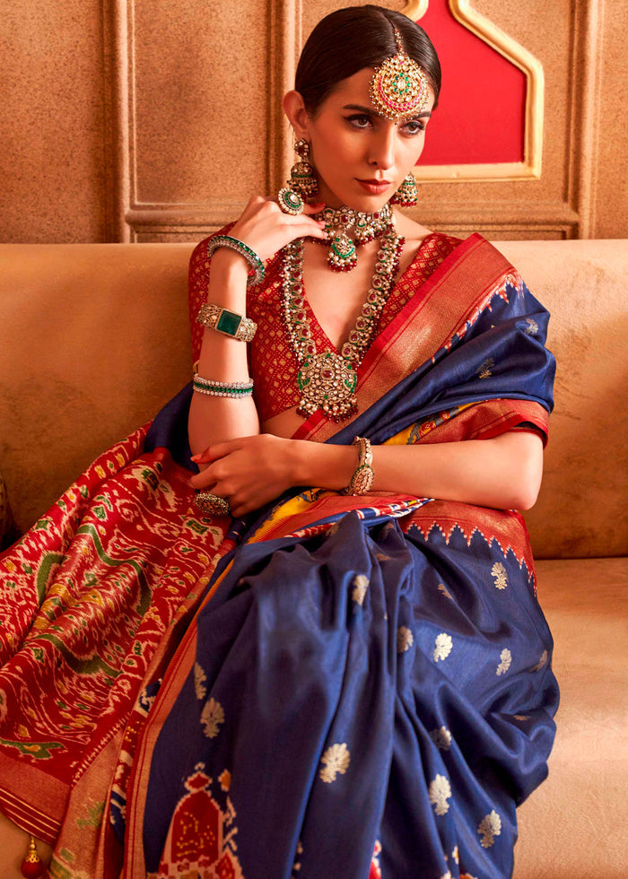 Navy Blue Patola Silk Saree with Sambhal Puri Print : Top Pick - qivii