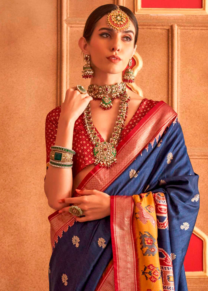 Navy Blue Patola Silk Saree with Sambhal Puri Print : Top Pick - qivii