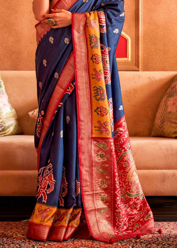 Navy Blue Patola Silk Saree with Sambhal Puri Print : Top Pick - qivii