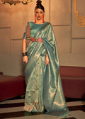 Ocean Green Two Tone Handloom Weaving Kanjivaram Silk Saree - qivii