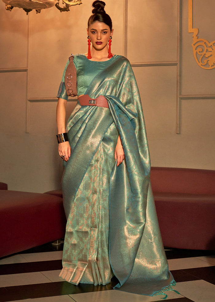 Ocean Green Two Tone Handloom Weaving Kanjivaram Silk Saree - qivii
