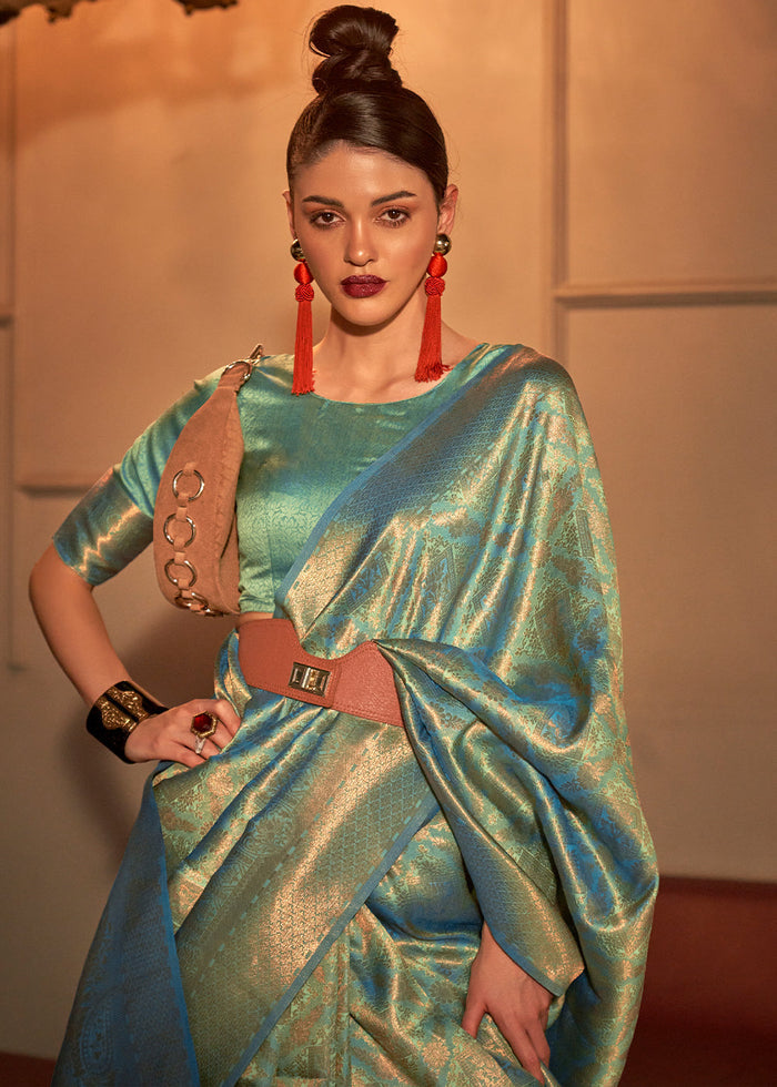 Ocean Green Two Tone Handloom Weaving Kanjivaram Silk Saree - qivii